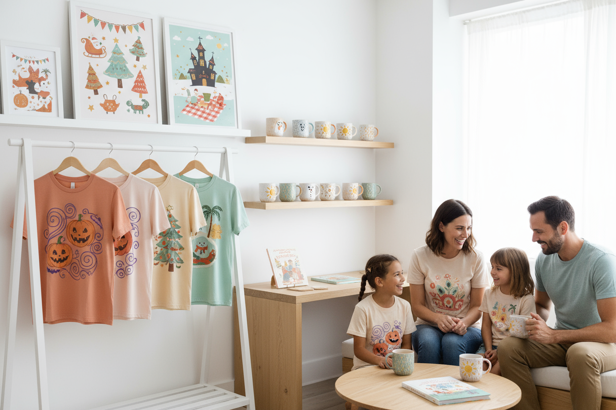 une marque créative et chaleureuse qui propose des t-shirts originaux, affiches murales, mugs  illustrés.
Le style de la boutique doit inspirer la joie, la créativité et la famille, avec une atmosphère cosy, colorée et moderne.
Je souhaite un design clair et aéré, mettant en avant des visuels de produits attrayants, des illustrations saisonnières (Halloween, Noël, été, etc.) et un univers ludique et accueillant.
Les valeurs de ma marque sont : créativité, authenticité, bonne humeur et originalité.
